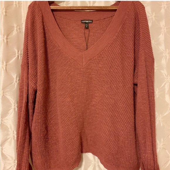 Express Tie Sleeve Split Back Cropped Sweater Pink Brown V Neck Oversized Knit - Picture 4 of 13